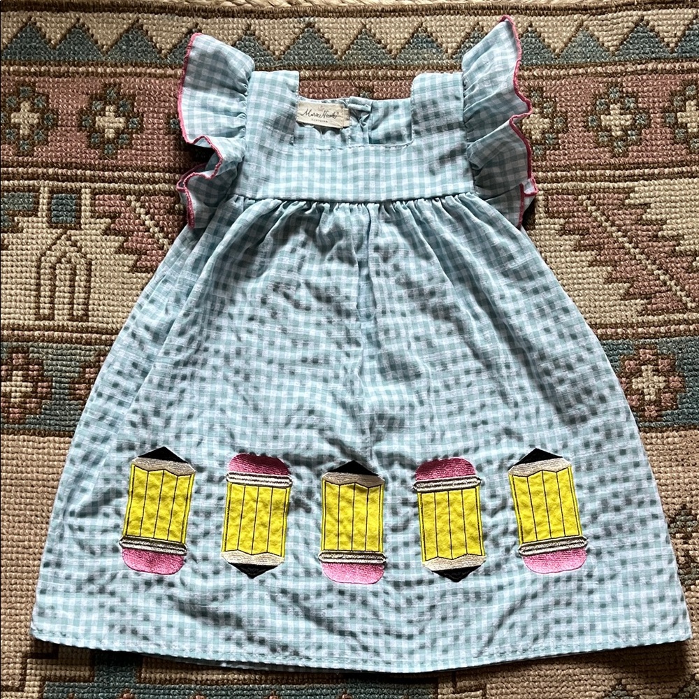Blue Gingham Dress with Pencil Appliques